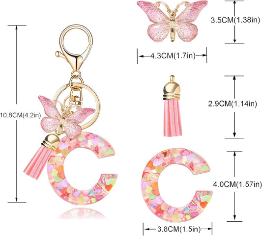 Fashion Alphabet Initial Letter Keychain Tassel Butterfly Pendant Key Ring for Purse Handbags Women Girl