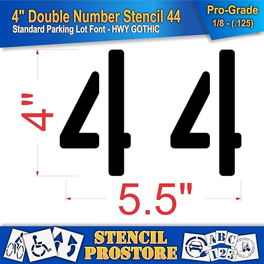 Pavement, Curb, and WheelStop Stencils - 4 inch Double Number Stencil - (44) - 4" x 5.5" x 1/8" (128 mil) - Pro-Grade