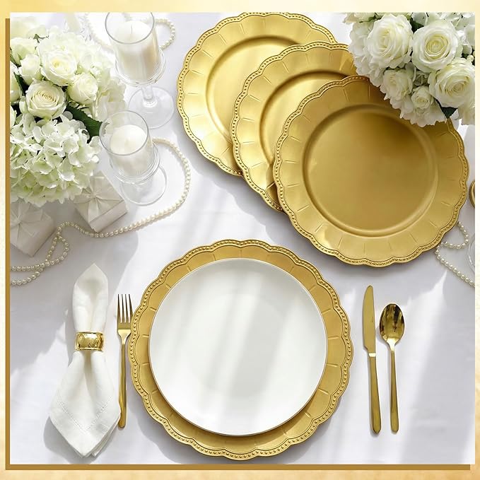 24 Pack Metallic Charger Plates 13inch Round Elegant Serving Plates Plastic Disposable Chargers Bulk Dinnerware Set for Dinner Wedding Party Events Catering Decoration (Gold,Scalloped Rim)