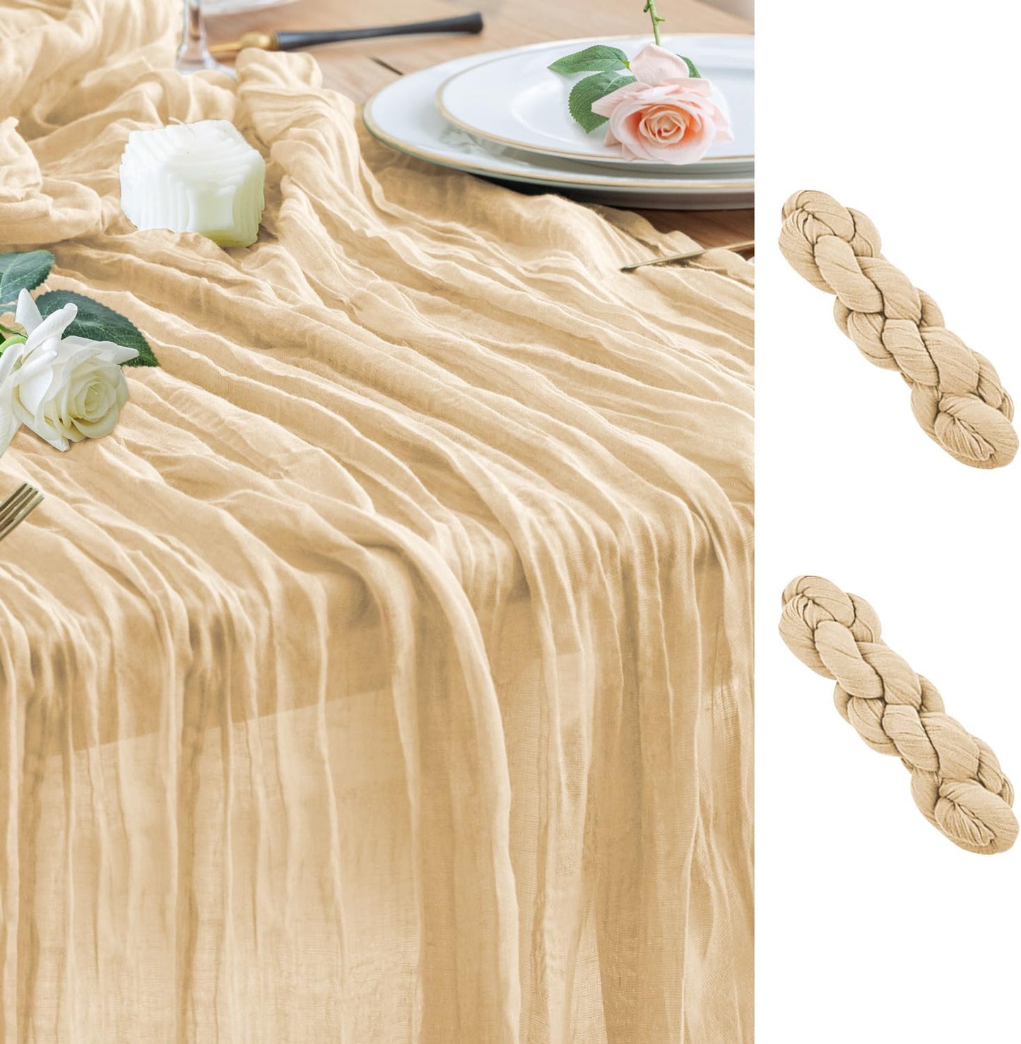 Wokceer Cheesecloth Table Runner 2Pack 10FT Sand Boho Christmas Gauze Cheese Cloth Table Runner for Party Easter Rustic Sheer Table Runners for Baby Bridal Shower Wedding Table Decor