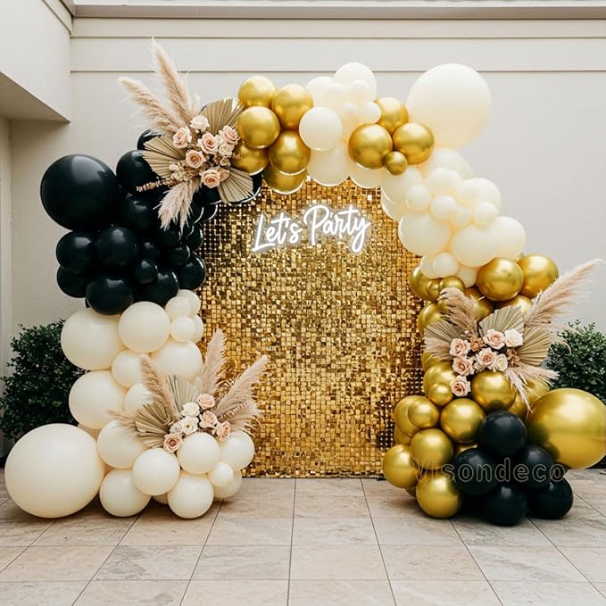 Black White and Gold Balloon Arch Kit – Double Stuffed Balloons in Black, Ivory with Metallic Gold – 5”/12”/18” Balloons for Graduation, Birthday, Retirement, New Year, Balloon Garland Decorations