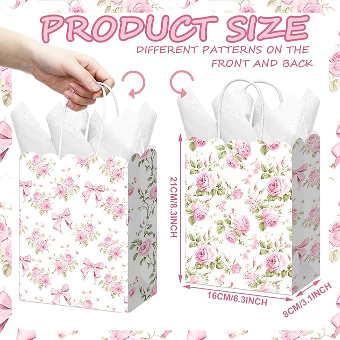 Kolldenn 24 Pcs Hydrangea Floral Party Gift Bags with Handles Paper Candy Treat Goodie Bags Scalloped for Birthday Decoration for Bridal Baby Shower Tea Party Supplies