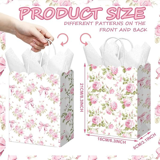 Kolldenn 24 Pcs Hydrangea Floral Party Gift Bags with Handles Paper Candy Treat Goodie Bags Scalloped for Birthday Decoration for Bridal Baby Shower Tea Party Supplies