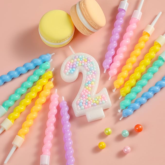 PHD CAKE Number 2 Birthday Candle Macaron Glitter Number Candle with Rainbow Spiral Candles in Holders for Cake Topper, Pastel Sweet Theme Party Decoration
