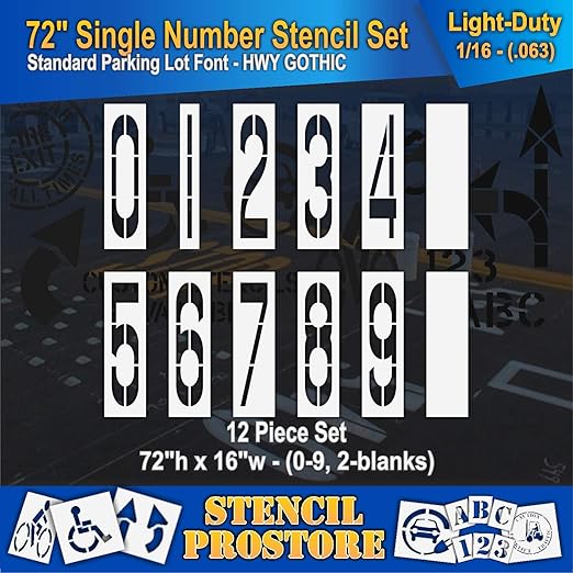 Pavement Stencils - 72 inch Number Stencil Set (10 Pieces) - 0-9 - 72" x 16" x 1/16" (63 mil) - Light-Duty
