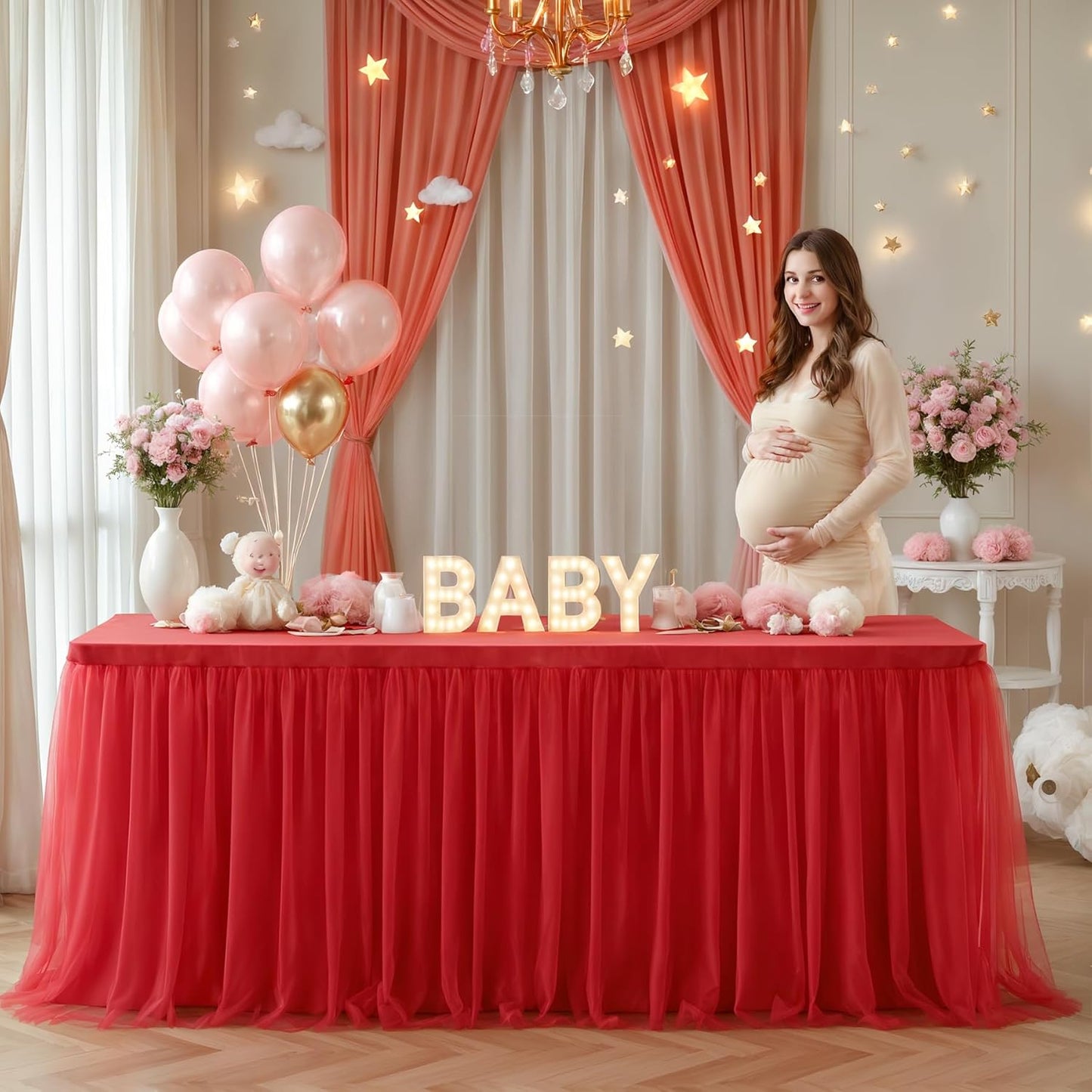 Suppromo Red Tulle Tablecloth for 4 Foot Rectangular Tables, 48 x 24 Inch White Rectangle Table Cloth, Wrinkle Free Table Cover with Tutu Skirt for Wedding Birthday Party Banquet Tablecover