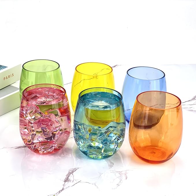 Set of 6 Acrylic Wine Glasses, 20-ounce Plastic Tumbler for Home Party Use,BPA Free,Dishwasher Safe (Multi color)