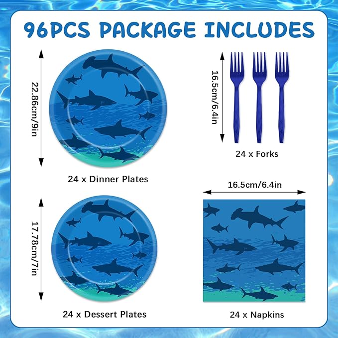 96PCS Shark Birthday Paper Plates Napkins Forks Set for Ocean Shark Themed Party Disposable Decor Under the Sea Party Tableware Sets for Baby Shower Ocean Animal Theme Party Decorations
