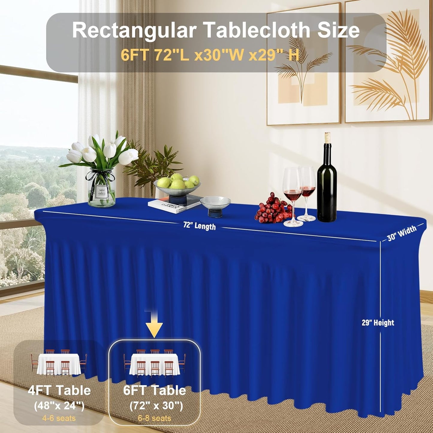 Royal Blue Spandex Tablecloth with Skirt for 6FT Tables – Wrinkle-Free, Stretch Fitted Elastic Cover – Rectangle Table Cloth for Weddings, Banquets, Parties, Buffets, and Restaurants