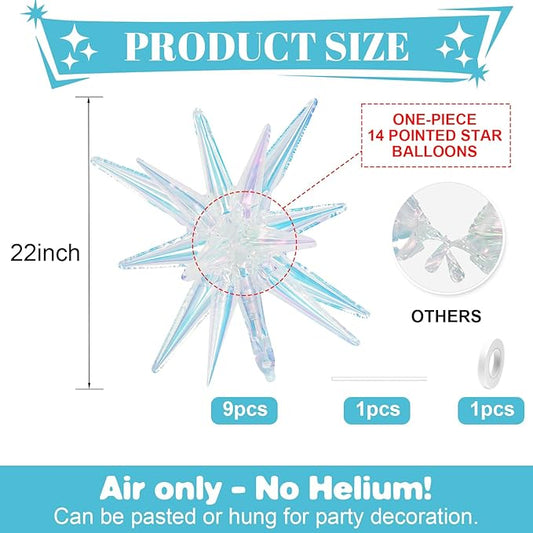 Iridescent Star Balloons,9Pcs 22Inch Iridescent Clear Explosion Spike Cone Helium Polyester Film Star Foil Balloons for Birthday Anniversary Baby Shower Wedding Disco Party Decorations