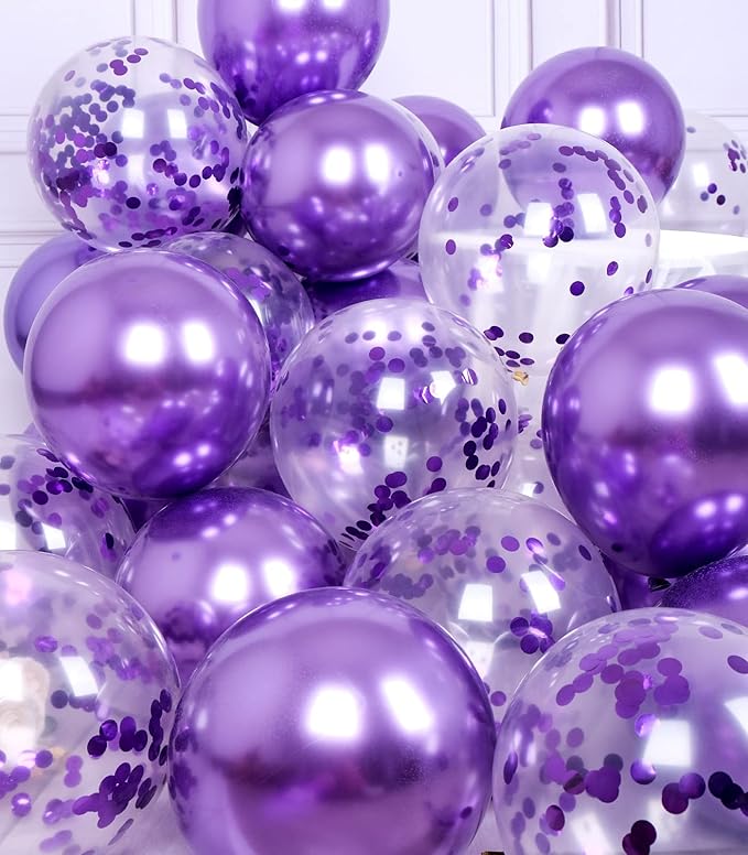 SUWEN Purple Metallic Balloons and Confetti Balloons Set 47PCS Latex Helium Chrome Dark Purple Balloon for Birthday Graduation Anniversary Party Decorations