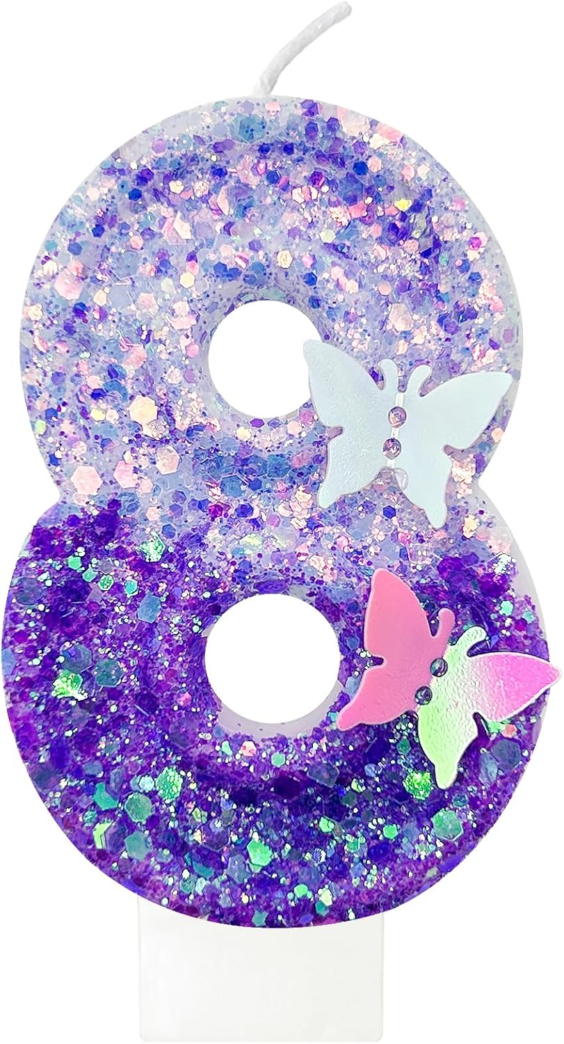 8Th Birthday Candle for Cake，Butterfly Cake Toppers，Butterfly Birthday Decorations，Purple Birthday Candles，for Birthdays,Theme Parties, Celebration, Anniversary