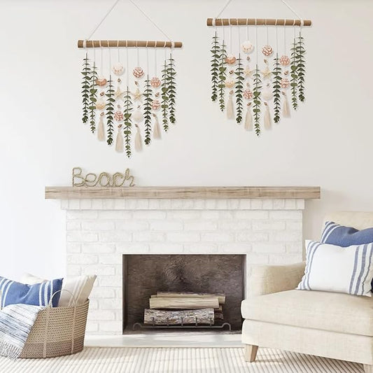 Bathroom Wall Decor Artificial Eucalyptus Boho Bedroom Decor Fake Eucalyptus Plants Leaves with Seashell on Stick Coastal Decor Natural Home Decorations for Living Room Nursery Kitchen