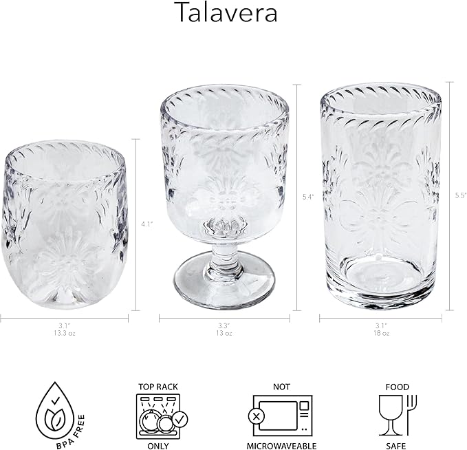 Talavera Premium Acrylic Drinkware Indoor/Outdoor Goblet, Clear, 13oz, Set of 6