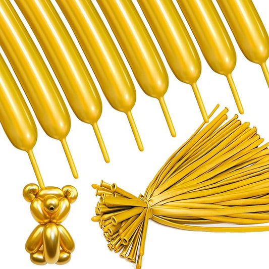 Metallic 260 Gold Long Balloons Chrome 100 Pack Twisting Animal Balloons Thickening Latex Modeling Long Magic Balloons for Animal Model Weddings Birthdays Festival Party Decorations