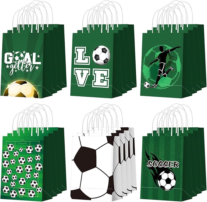 Outus 24 Pcs Soccer Party Favor Bags Soccer Goodie Gift Paper Bags with Handles Sports Ball Candy Treat Pouch for Sports Football Party Birthday Baby Shower Decorations Supplies