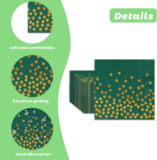 100 Pack 6.5x6.5 Inch Disposable Green and Gold Cocktail Napkins