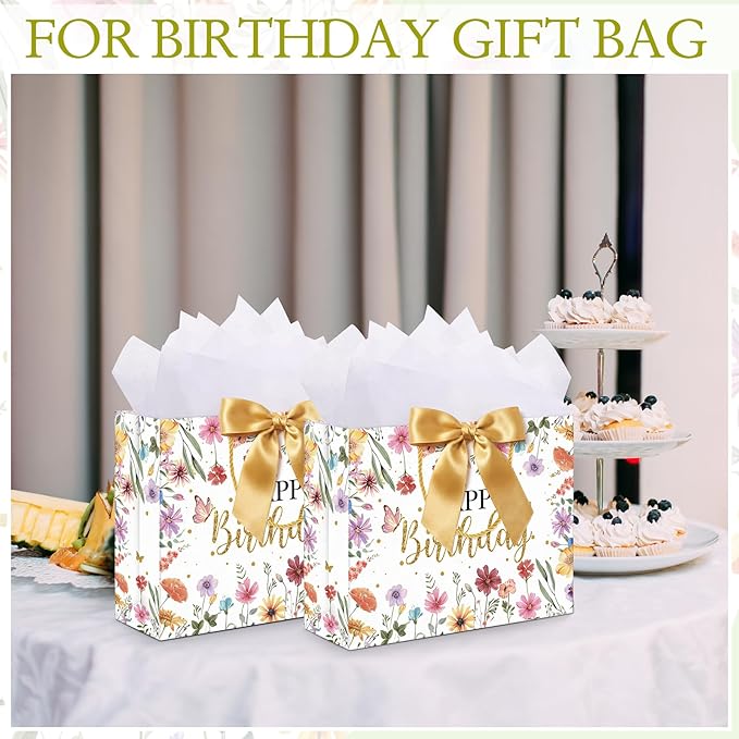 Maitys 12 Sets 13" Large Wildflower Birthday Gift Bags with Handle, Tissue Papers, Ribbons and Greeting Cards Spring Floral Butterfly Paper Bags Bulk for Women Baby Shower Party Decorations Supplies