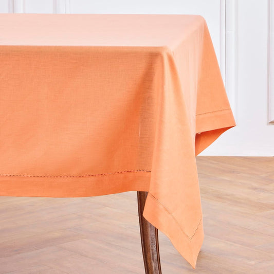Solino Home Linen Tablecloth 60 x 144 Inch - Classic Hemstitch 100% Pure Linen Coral Table Cloth for Rectangle Tables - Machine Washable Tablecloth