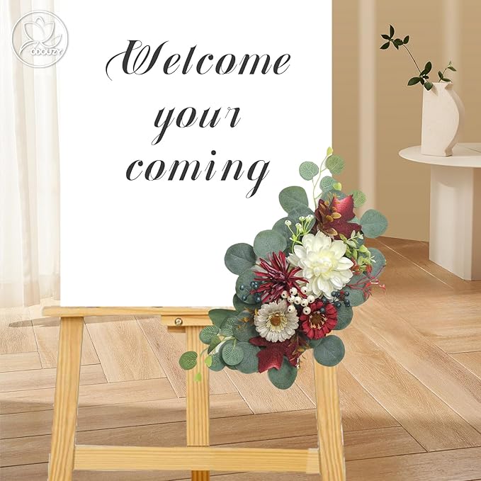 Artificial Wedding Arch Flowers for Wedding Sign,Set of 2 for Wedding Welcome Ceremony Sign,Faux Floral Swags,Wedding, Banquet and Reception Backdrop Floral Decoration (White Red)