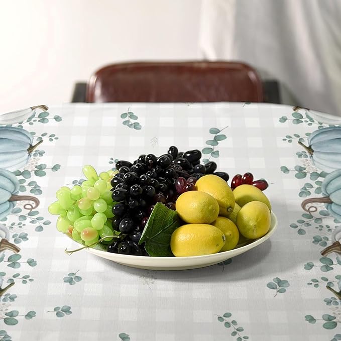 YCness Thanksgiving Pumpkin Tablecloth, Watercolor Eucalyptus Leaves Autumn Harvest Fall Watercolor Blue Gray Grid Table Cover for Party Picnic Dinner Kitchen 55x55 Inch Rectangle