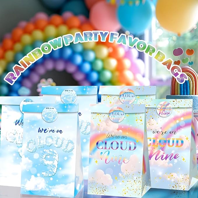 Inshinern Rainbow Clouds 9th Birthday Party Favors We're on Cloud Nine Birthday Goodie Bag Candy Treat Bags for Women Rainbow Themed Party Decor Engagement Party Supplies(12 Pcs)