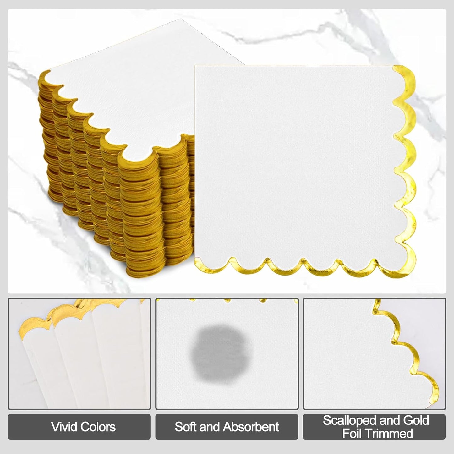 200 Pack White and Gold Paper Napkins Scalloped Cocktail Napkins White Disposable Beverage Napkins for Birthday Baby Shower Wedding Party Supplies Dinnerware Tableware Decorations