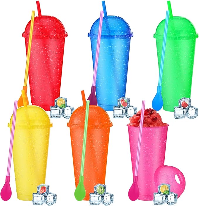 6 Set Slushie Cups with Dome Lids and Straws Detachable Spoon Straws Reusable Plastic Iced Coffee Cups Smoothie Tumbler for Birthdays Summer Party Supplies(Light Colors,24 oz)