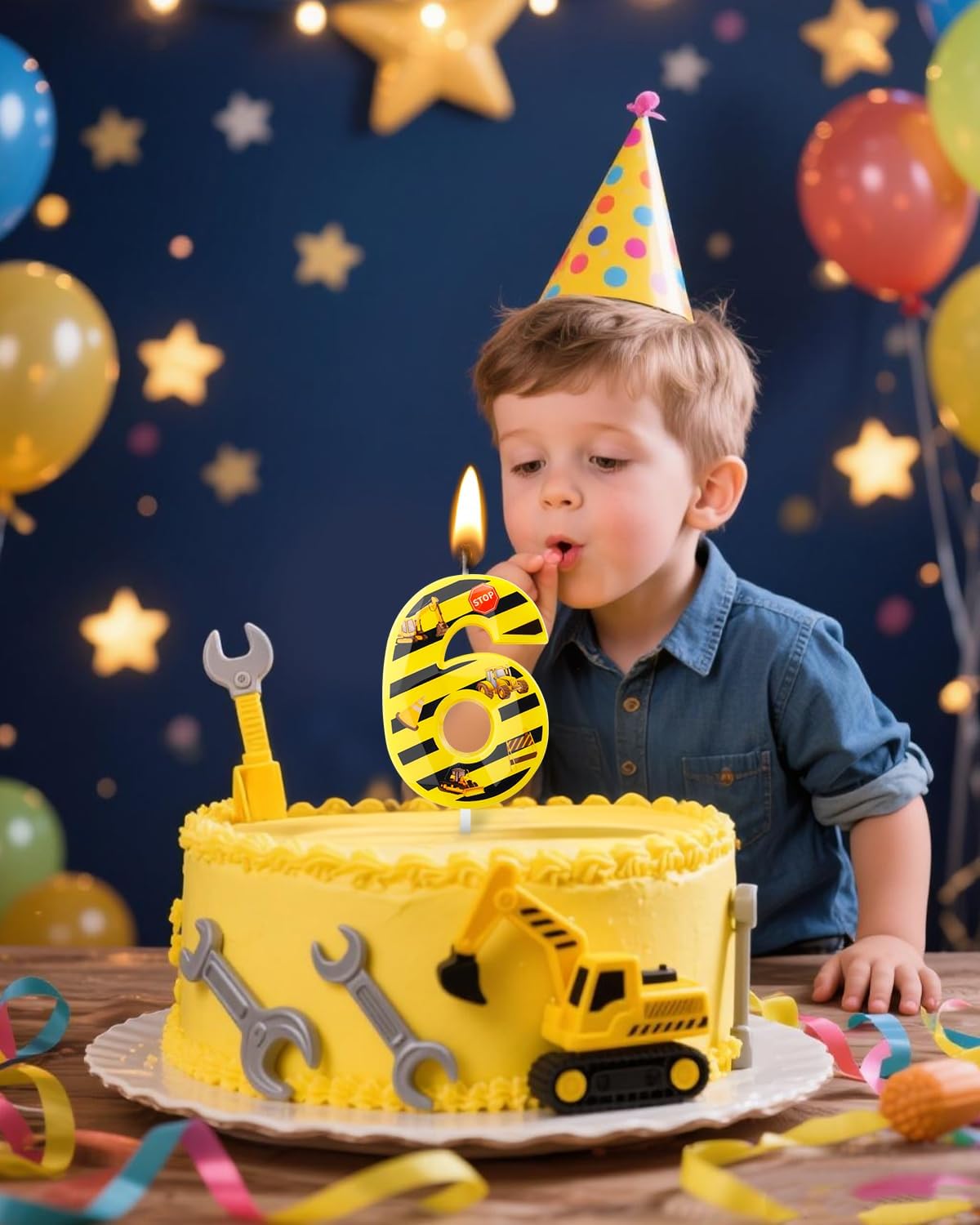 Number 6 Construction Birthday Candle, 2.68 Inch Yellow and Black Striped Candle, Birthday Candles Numbers Construction Cake Topper for Boys Girls, Construction Birthday Party Supplies Decorations