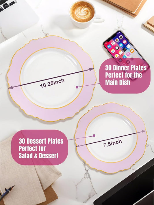 WDF 60Pcs Pink Plates Disposable with Gold Rim - Baroque Clear Pink and Gold Plastic Party Plates Ideal for Wedding/Baby Shower