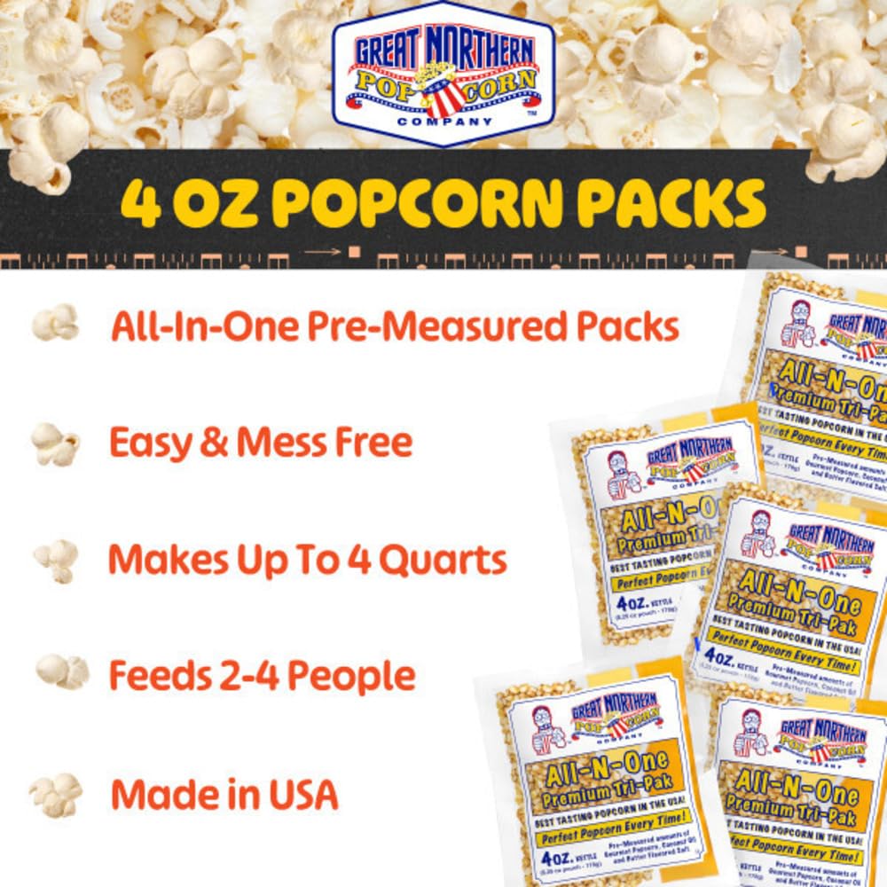 4oz Popcorn Machine Popcorn Packets - All-in-One Movie Theater Style Popcorn Kernels, Salt, and Oil Packs by Great Northern Popcorn (24 Case)