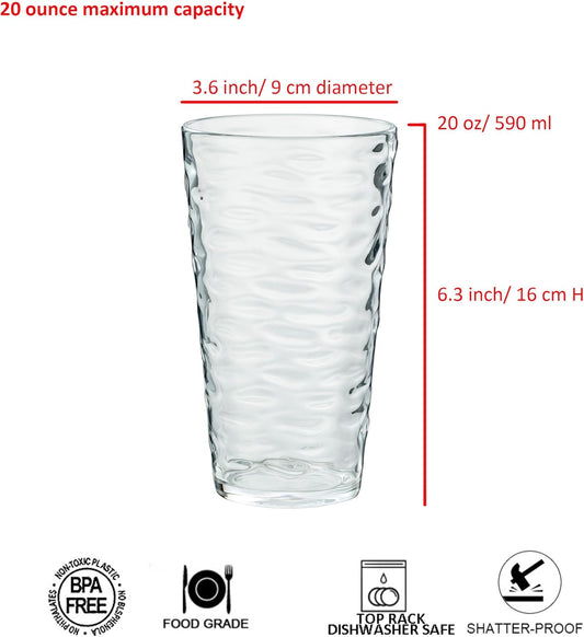 20-ounce Plastic Tumblers, Acrylic Drinking Glasses High-Balls, set of 6 Clear Reusable Plastic Cups, Stackable, BPA-Free, Shatter-Proof, Dishwasher-Safe
