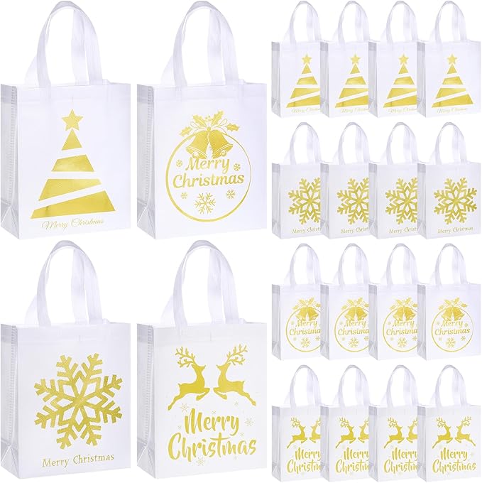 Wesnoy 24 Pcs Christmas Gift Bags Bulk 10 x 8 x 4 Inch Christmas White Gold Non Woven Party Favors Goodies Candy Bags with Handles for Holiday Gift Birthday Party Supplies