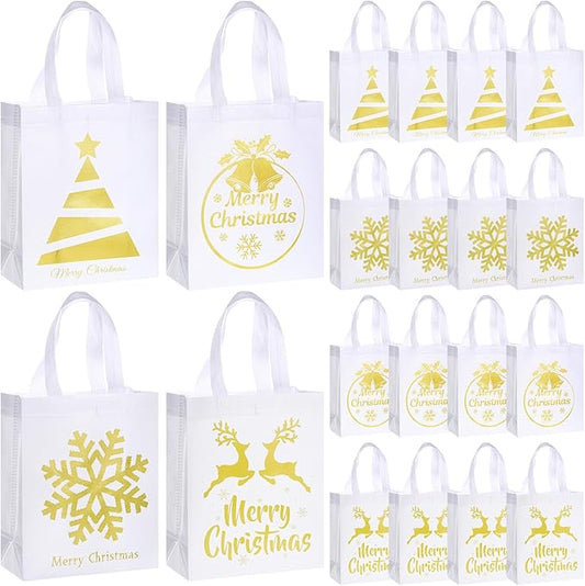 Wesnoy 24 Pcs Christmas Gift Bags Bulk 10 x 8 x 4 Inch Christmas White Gold Non Woven Party Favors Goodies Candy Bags with Handles for Holiday Gift Birthday Party Supplies