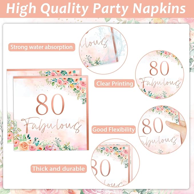 OBUSATT 96Pcs Floral 80 Fabulous Party Supplies 80th Birthday Paper Plates Napkins Rose Gold Party Decorations 80 Years Dinnerware Party Favor Women 80th Tableware Serves 24
