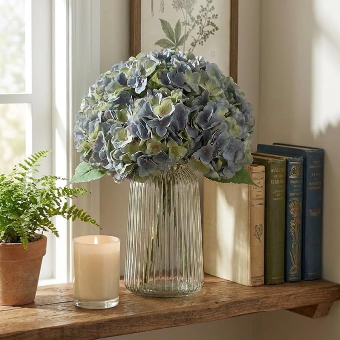 2Bouquets Artificial Fake Flowers Plants Silk Hydrangea Arrangements Wedding Bouquets Decorations Plastic Floral Home Kitchen Garden Party Festival Bar DIY (Bluish Green)