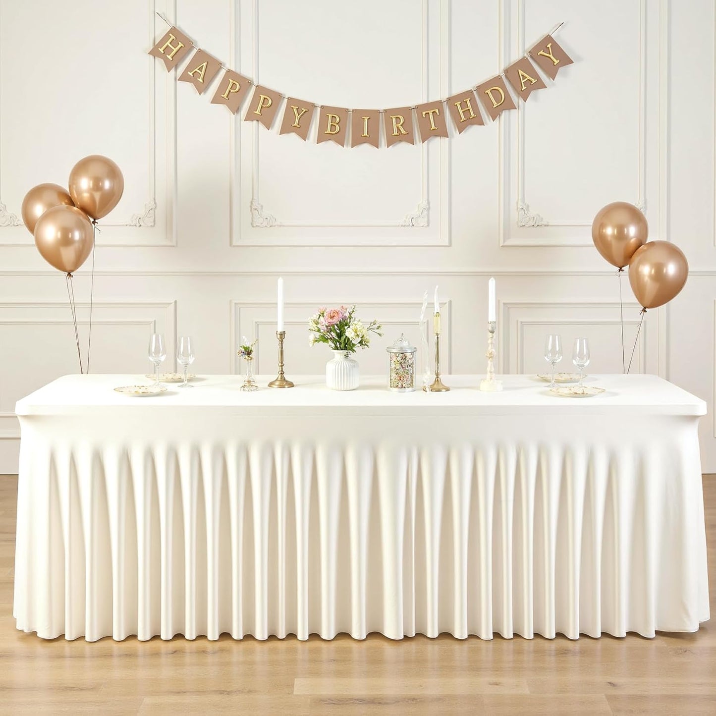8ft Ivory Spandex Table Cloths for Rectangle Tables Wrinkle Free Ivory Rectangle Tablecloths, Stretch Fitted Table Cover with Skirt for Wedding Birthday Party Banquet Baby Shower Buffet Event