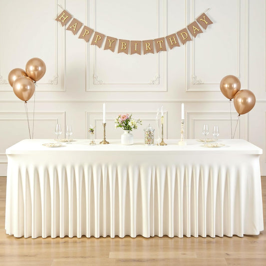 8ft Ivory Spandex Table Cloths for Rectangle Tables Wrinkle Free Ivory Rectangle Tablecloths, Stretch Fitted Table Cover with Skirt for Wedding Birthday Party Banquet Baby Shower Buffet Event