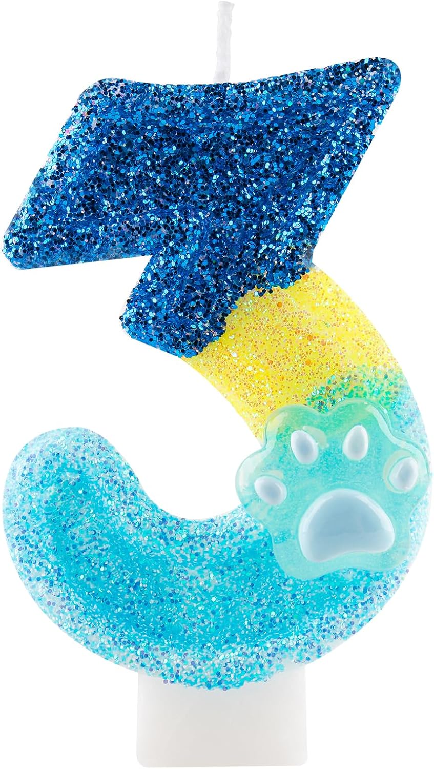 Honglus Glitter Blue Dog Paw 3 Candle for Birthday Blue Number 3 Candle Dog Paw 3 Glitter Cake Topper for 3rd Birthday Party Supplies Anniversary Decorations
