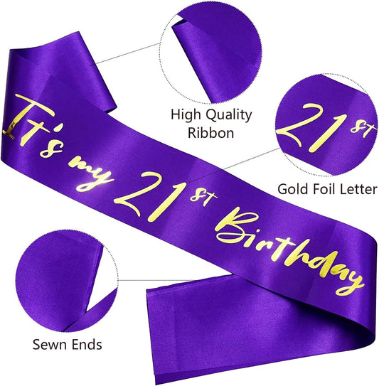 21st Birthday Sash, Purple Satin Soft Sashes with Gold Foil Letter, Birthday Decorations for Girls, Happy 21st Birthday Party Favor Supplies,Purple Gold