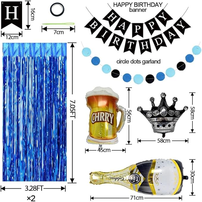Blue Black Balloon Garland, Double Stuffed Dark Royal Navy Blue Balloons Fringe Curtains, Foil Balloons, Birthday Banner Decorations for Men Birthday Baby Shower Father's Day Graduation Party Supplies