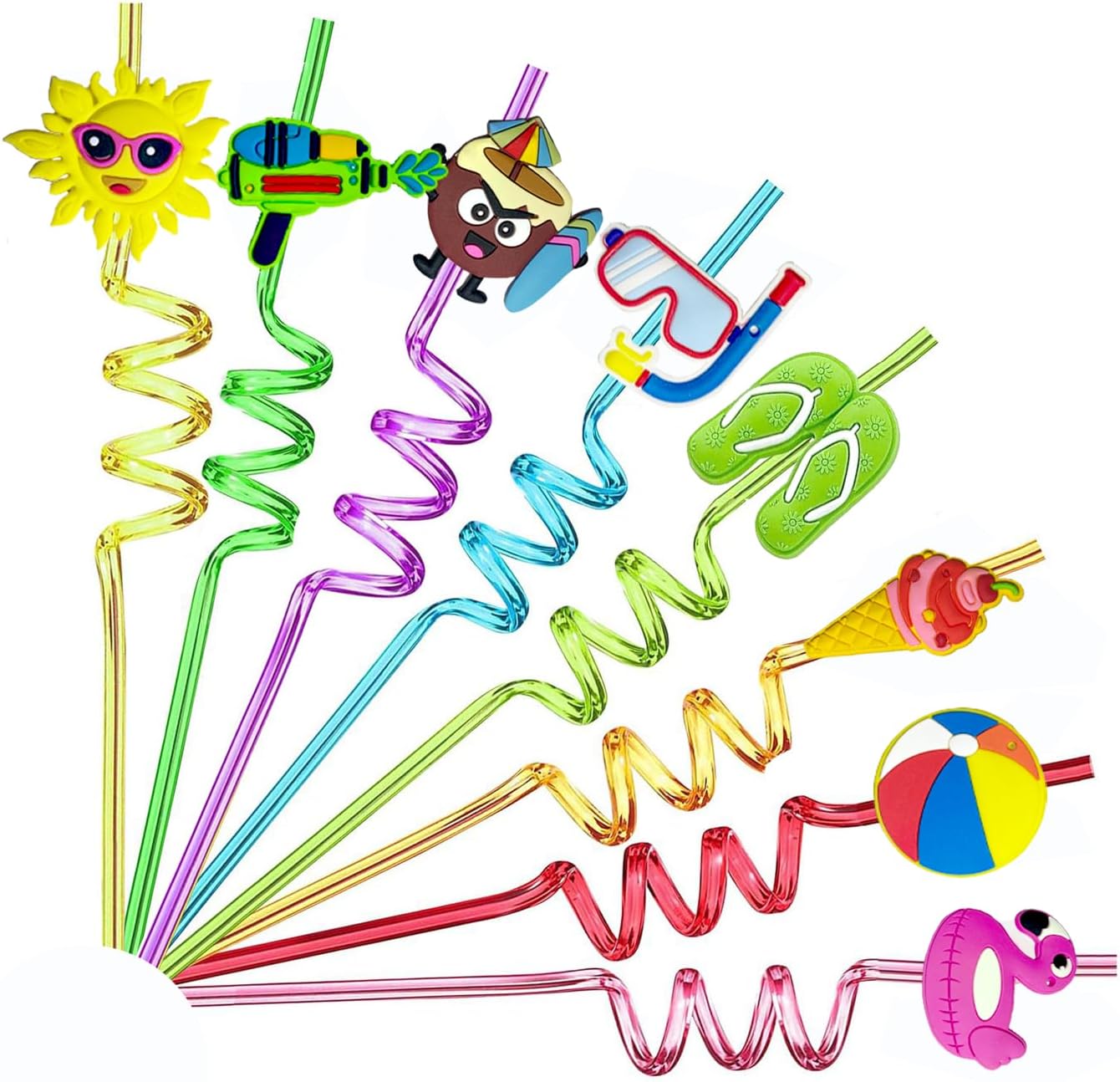24 PCS Straws for Birthday Party Supplies Drinking Straws with 2 PCS Cleaning Brushes (Summer Beach)