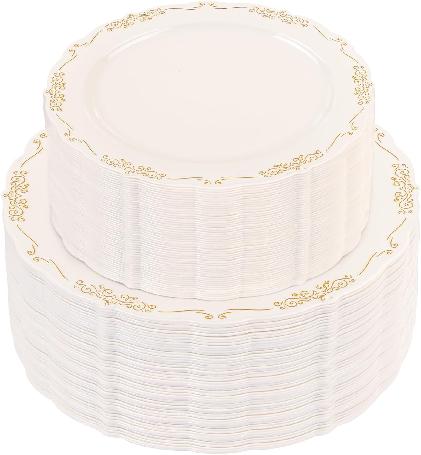 U-QE 100 PCS Ivory Thanksgiving Plastic Plates with Gold Rim - Gold Plastic Plates for Thanksgiving - Heavy Duty Disposable Use Including 50 10 '' & 50 7.5 ''