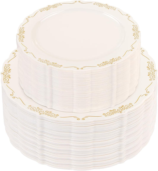 U-QE 100 PCS Ivory Thanksgiving Plastic Plates with Gold Rim - Gold Plastic Plates for Thanksgiving - Heavy Duty Disposable Use Including 50 10 '' & 50 7.5 ''