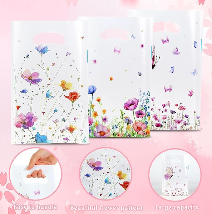 Wildflower Gift Bags, 50 Pcs Wildflower Party Favor Bags with Handles, Plastic Floral Goodie Candy Cookie Treat Bag for Wildflower Baby Shower Decorations Birthday Spring Party Favors Supplies