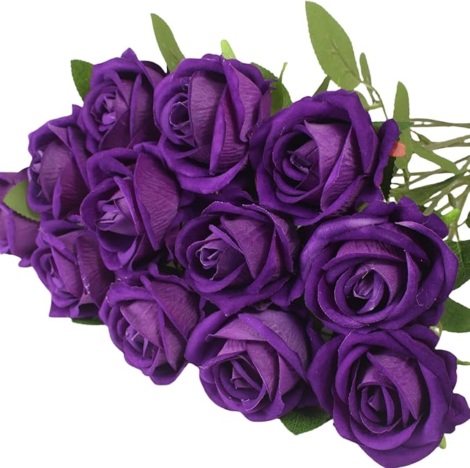 Artificial Roses Flowers, 12 Pcs Fake Purple Rose in Bulk, Long Stem Realistic Silk Roses Bouquet for Wedding, Party Centerpieces, Flower Arrangement, Home Decor (Purple, 12-PCS)