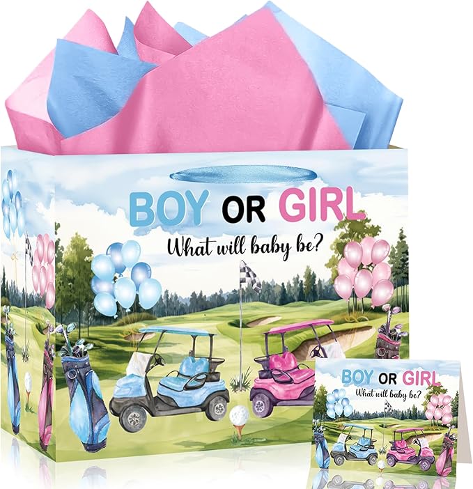 TagreSpike Golf Theme Gender Reveal Gift Bag with Tissue Paper & Card, Boy or Girl Paper Treat Bag for What Will Baby Be Golfing Party Decorations, Blue & Pink Baby Shower Supplies