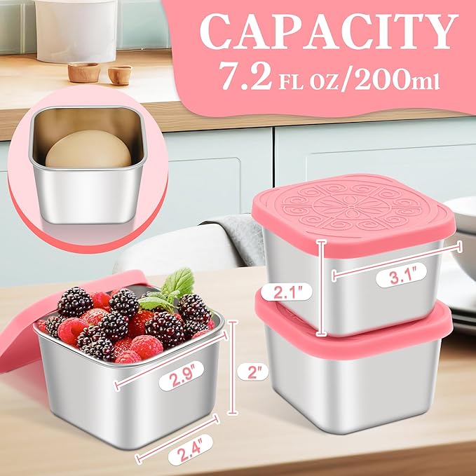 Stainless Steel Snack Containers for Kids,7.2oz Easy Open Leak Proof Reusable Snack Box Container with Lids,Small Lunch Containers for Meal Prep,School,Picnic and Travel-3Pack