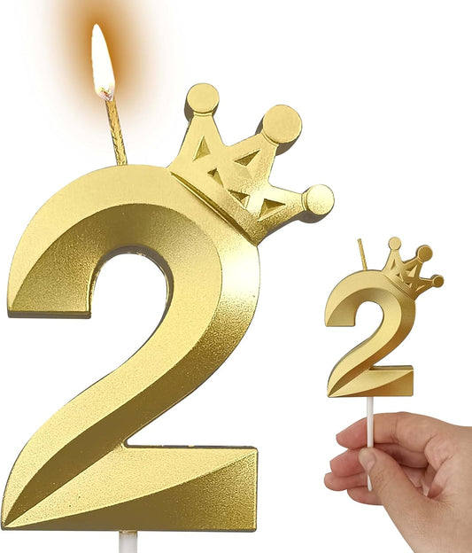 The Gold Number 2 Birthday Candles for Cake is Beautiful Number Candles for Birthday Decorations for Boys and Girls (Gold-2, Crown)