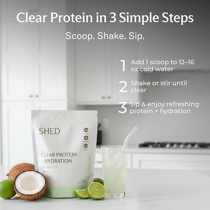 Clear Protein Powder with Electrolytes by Shed, 15g Whey Protein Isolate, Low Calorie and Lactose Free, Light and Clean Hydration Drink, Bloat-Free Post Workout Supplement, Coconut Lime (15 Servings)